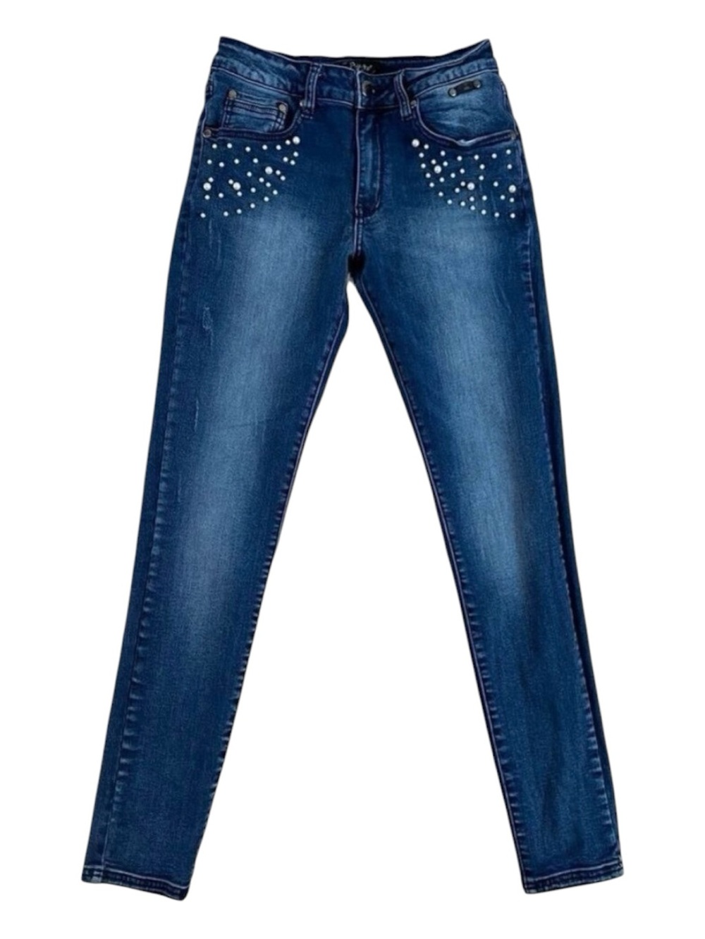 Oxygen jeans beaded skinny high rise blue lightly distressed stretch size medium